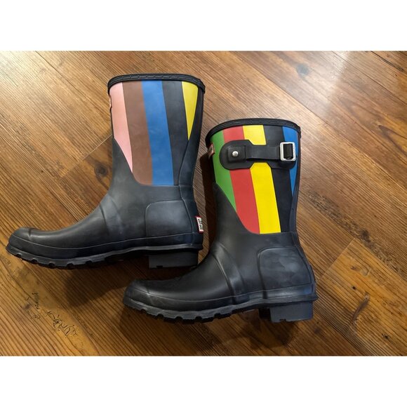 Hunter Women's Black Multi Striped Rain Boots - Size 7 US - New - Picture 8 of 14